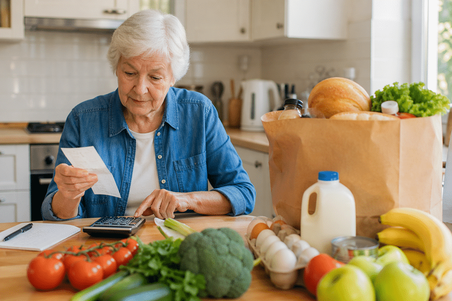 Older woman in a denim shirt sits at a kitchen table, counting groceries with a calculator and receipt in hand.
