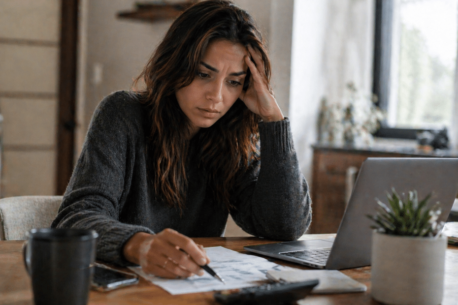 Woman at a wooden table, distressed, studying documents with a laptop nearby at home