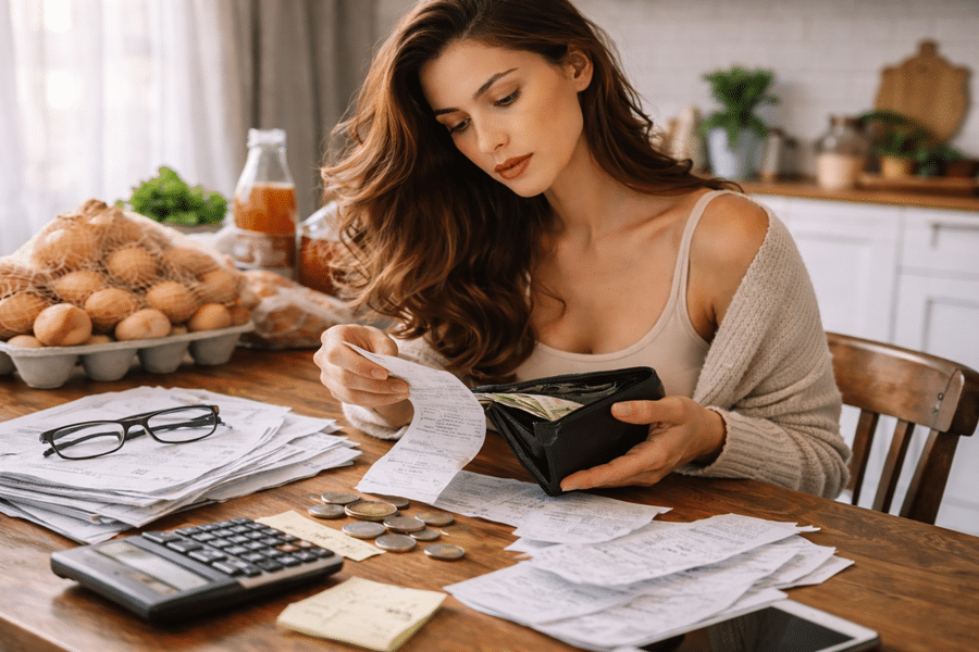 Woman budgeting at a kitchen table, counting cash from a wallet among receipts, coins, and a calculator.
