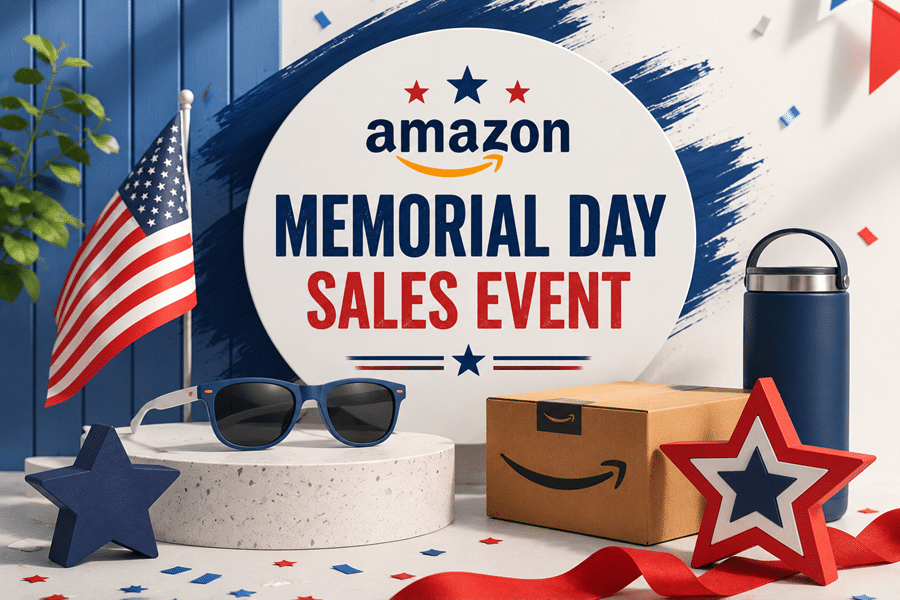 Amazon Memorial Day Sales Event sign surrounded by patriotic decor, sunglasses, a package box, and a water bottle.