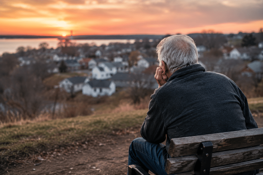 Older man with gray hair sits on a bench, gazing at a sunset over a small town.