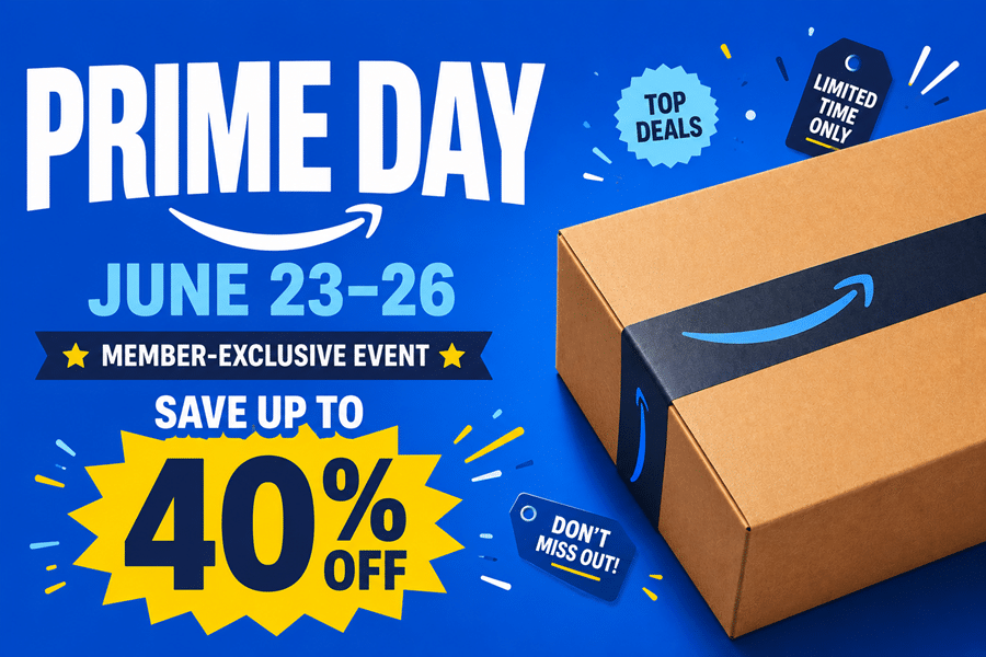 Blue Prime Day promo with a cardboard box on the right; dates June 23–26, member-exclusive event, up to 40% off, and taglines like 'Top Deals' and 'Don't miss out'.